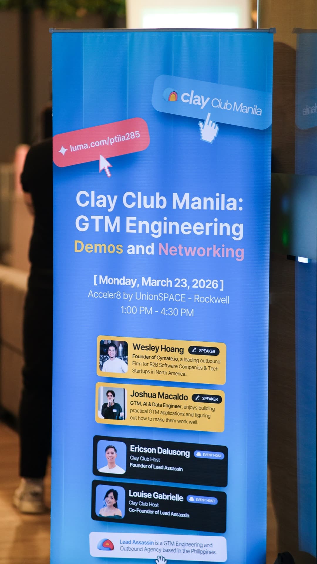 Clay Club Manila 6th meetup event banner showing speakers Wesley Hoang and Joshua Macaldo at Acceler8 by UnionSPACE Rockwell Makati March 2026