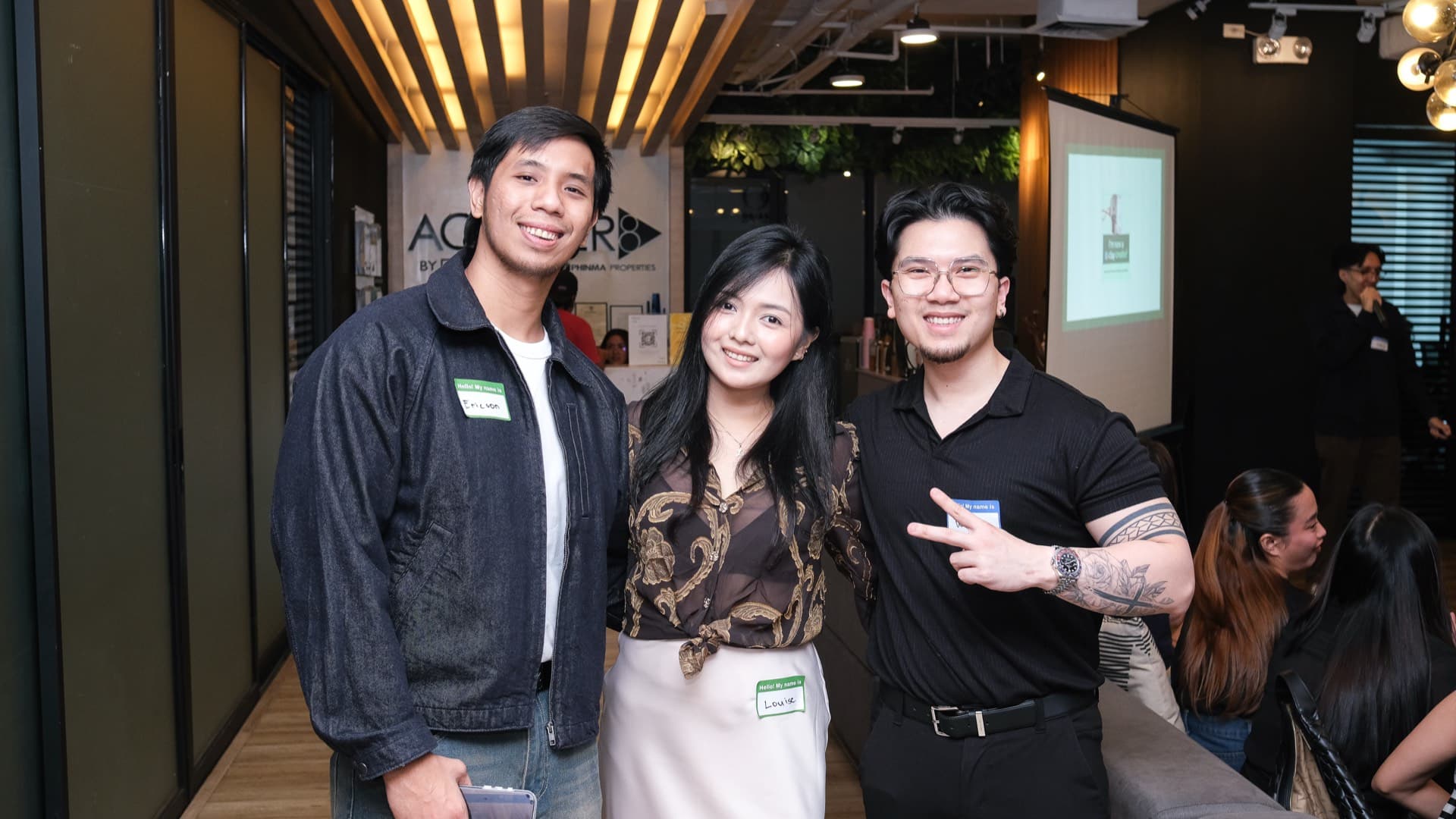 Three Clay Club Manila members networking at Acceler8 by UnionSPACE Rockwell Makati during the 6th community meetup